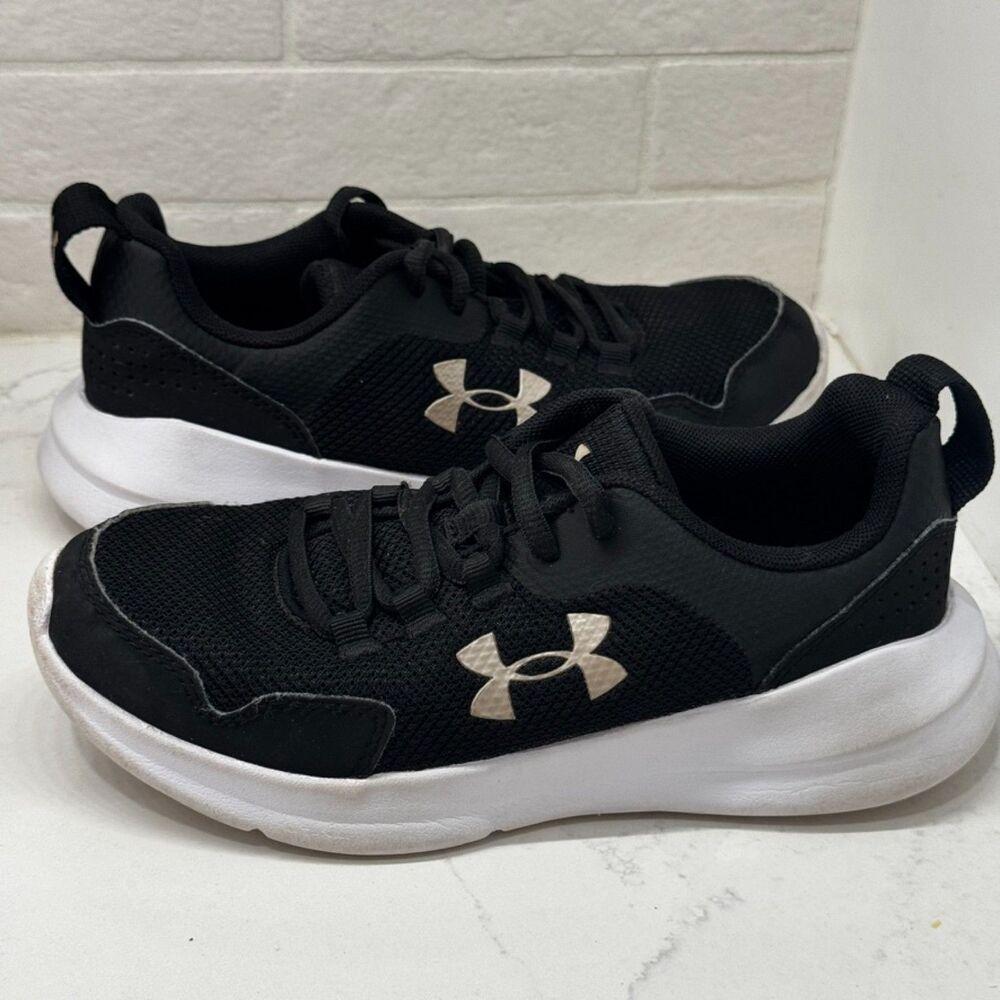 Under Armour Essential Sneakers Grade School 3.5Y Black White Matte Gold Shoes